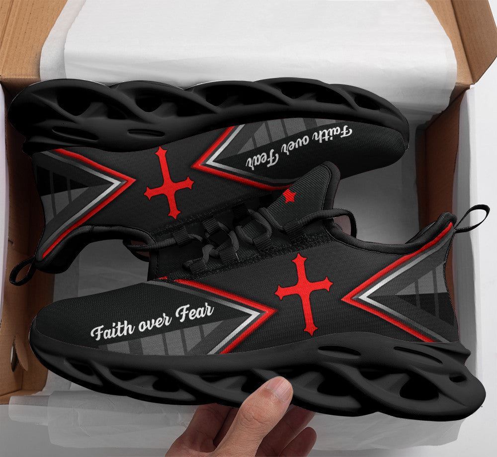 Christian Best Running Shoes, Jesus Faith Over Black Red Fear Running Sneakers Max Soul Shoes For Men And Women, Jesus Fashion Shoes