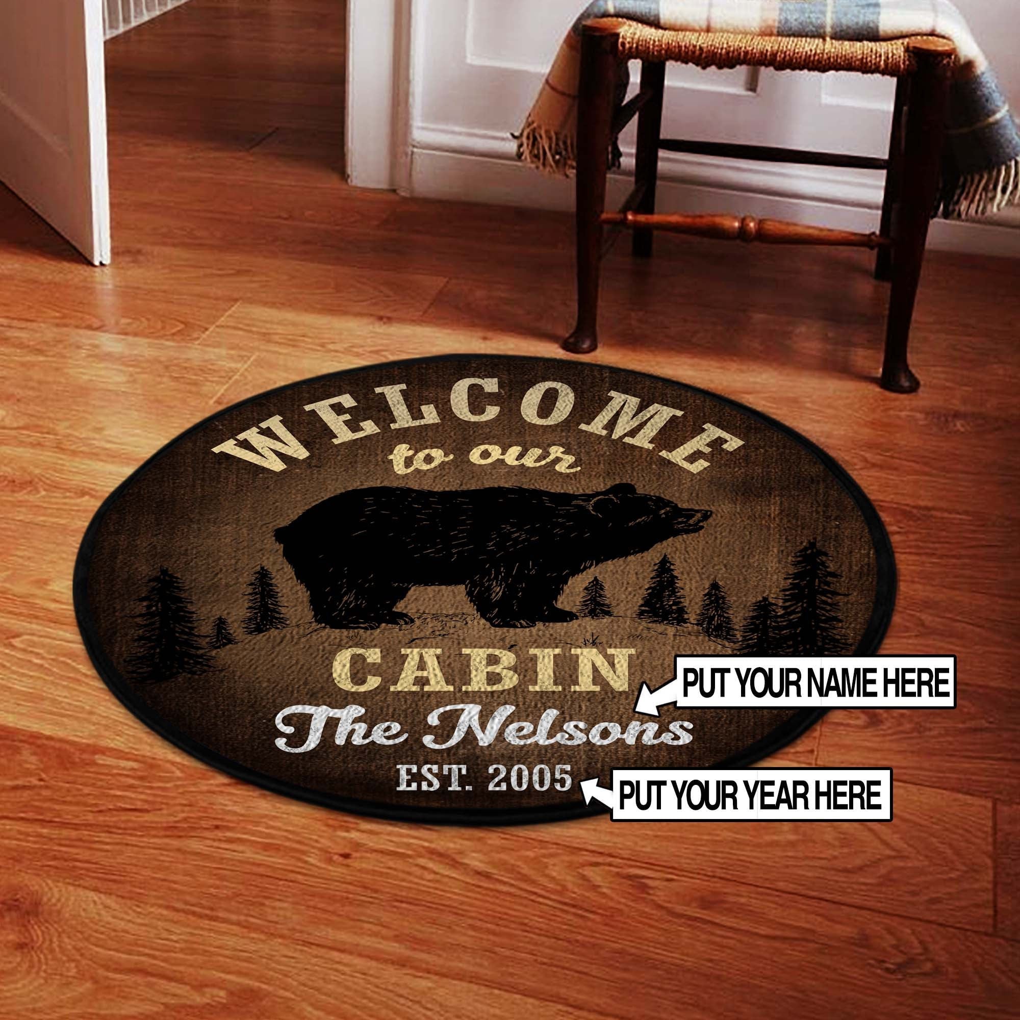 Personalized Welcome To Our Cabin Round Rug, Carpet Living Room Round Mat Circle Rug Kitchen Rugs Round Rugs