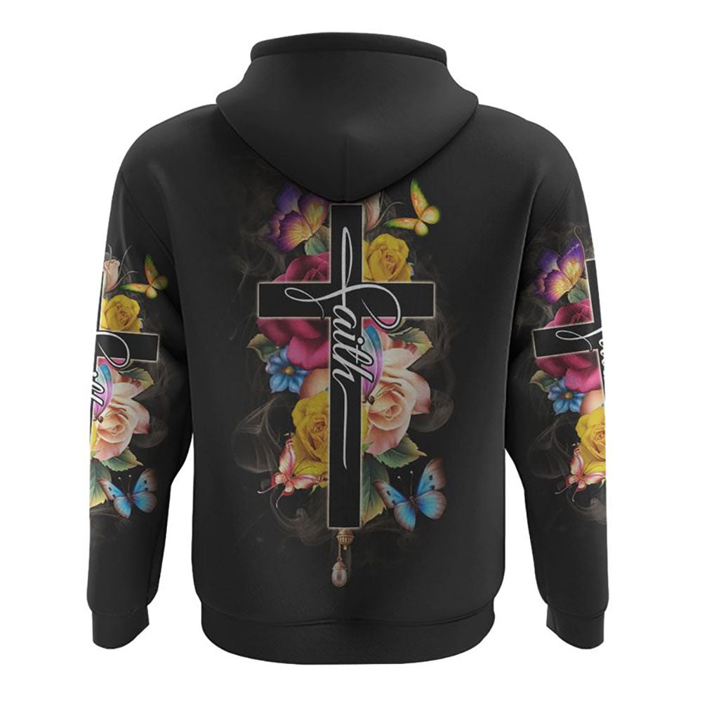 Faith Flowers Cross Butterfly Smoke All Over Print 3D Hoodie, Christian Hoodie, Christian Sweatshirt, Bible Verse Shirt