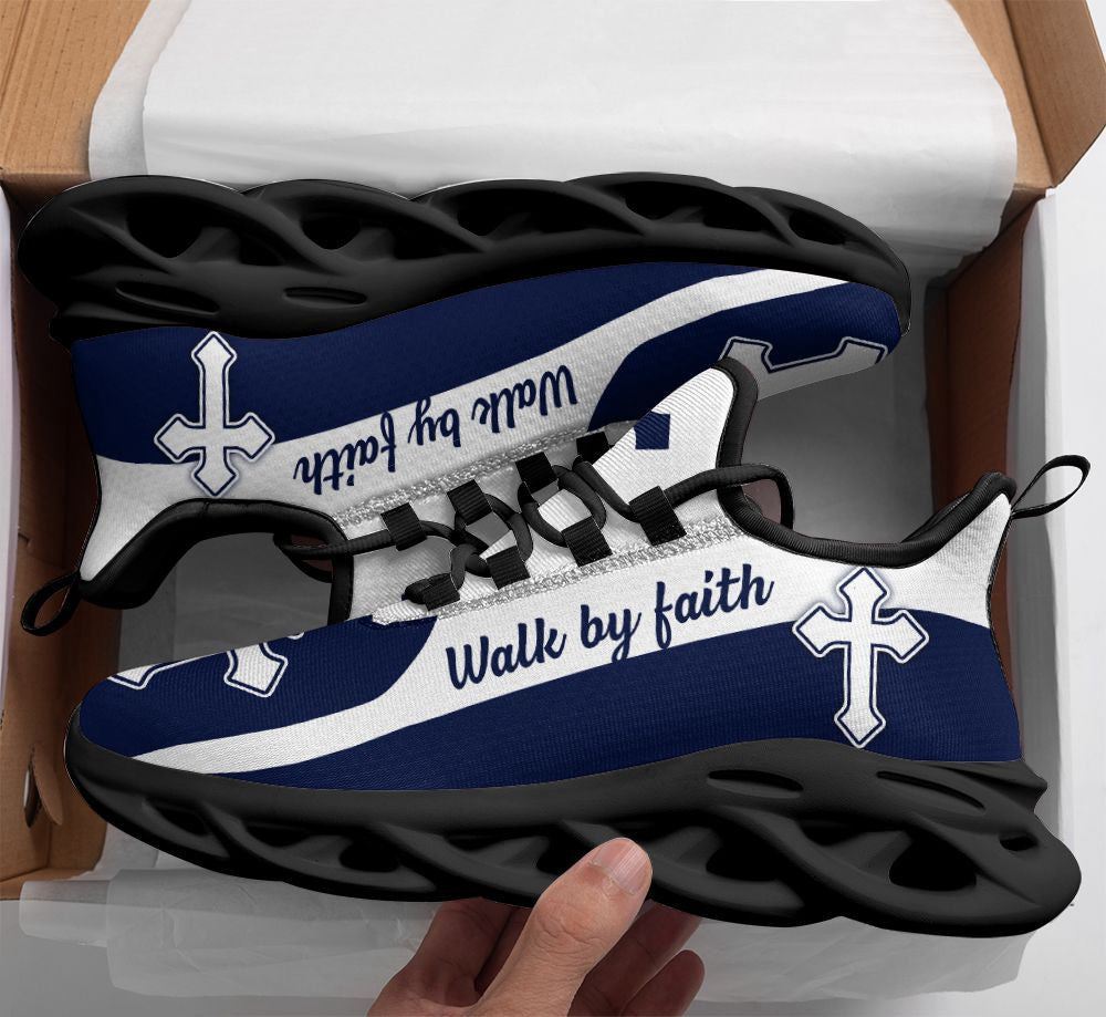 Christian Best Running Shoes, Jesus Walk By Faith Blue Running Christ Sneakers Max Soul Shoes For Men And Women, Jesus Fashion Shoes