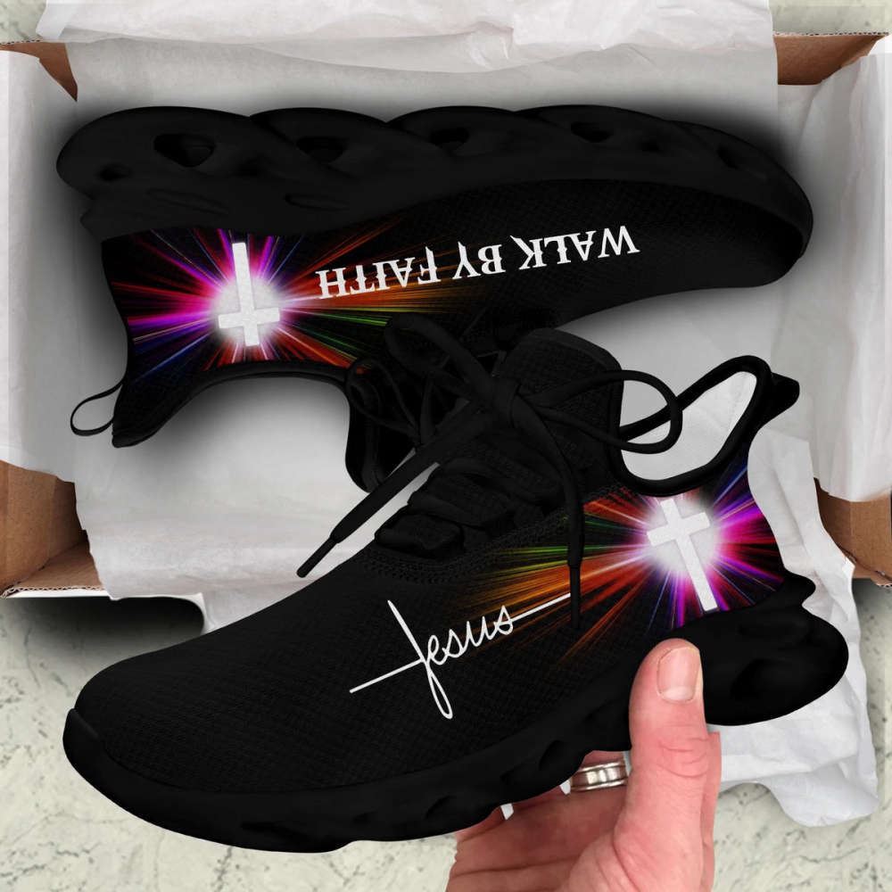 Christian Best Running Shoes, Jesus Walk By Faith Running Sneakers White Black Art Max Soul Shoes For Men And Women, Jesus Fashion Shoes