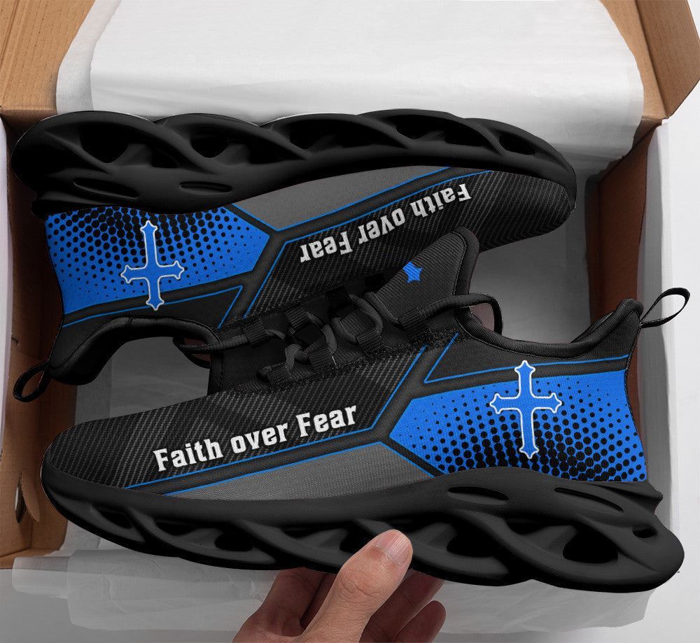 Christian Best Running Shoes, Jesus Faith Over Fear Blue Black Running Sneakers Max Soul Shoes For Men And Women, Jesus Fashion Shoes