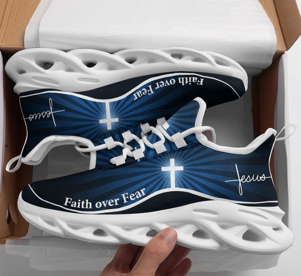 Christian Best Running Shoes, Jesus Faith Over Fear Running Sneakers Blue Max Soul Shoes For Men And Women, Jesus Fashion Shoes