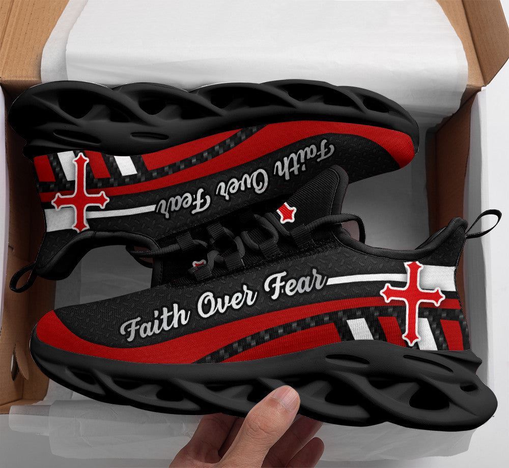 Christian Best Running Shoes, Red Black Jesus Faith Over Fear Running Sneakers Max Soul Shoes For Men And Women, Jesus Fashion Shoes