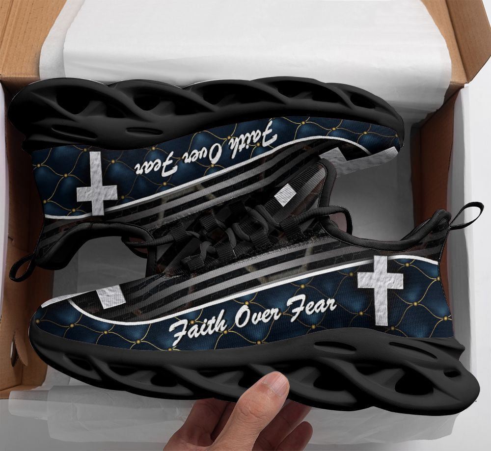 Christian Best Running Shoes, Jesus Black Faith Over Fear Running Sneakers Max Soul Shoes For Men And Women, Jesus Fashion Shoes