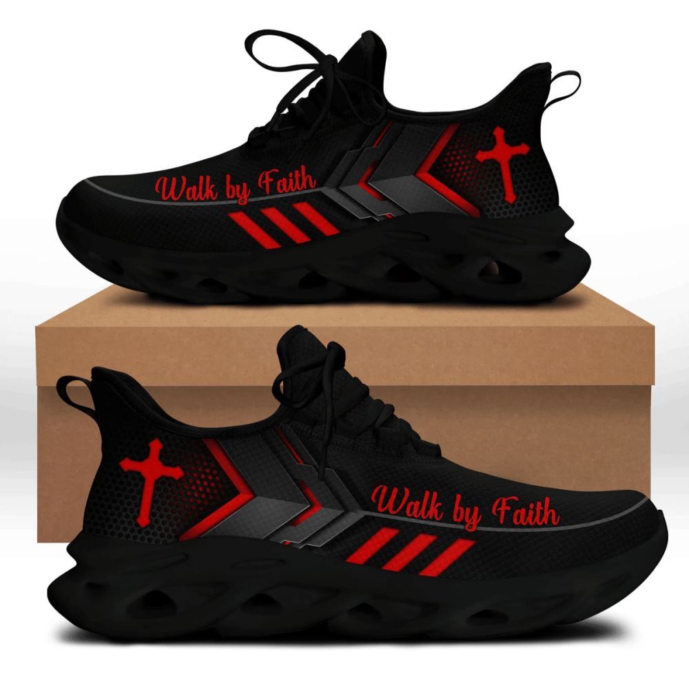 Christian Best Running Shoes, Jesus Walk By Faith Running Sneakers Red Black Art Max Soul Shoes For Men And Women, Jesus Fashion Shoes