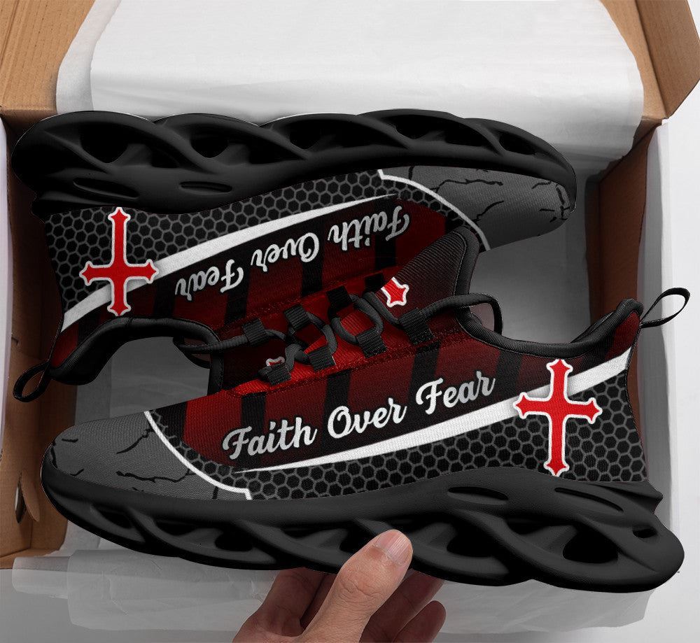 Christian Best Running Shoes, Jesus Faith Over Fear Red Black Running Sneakers Max Soul Shoes For Men And Women, Jesus Fashion Shoes