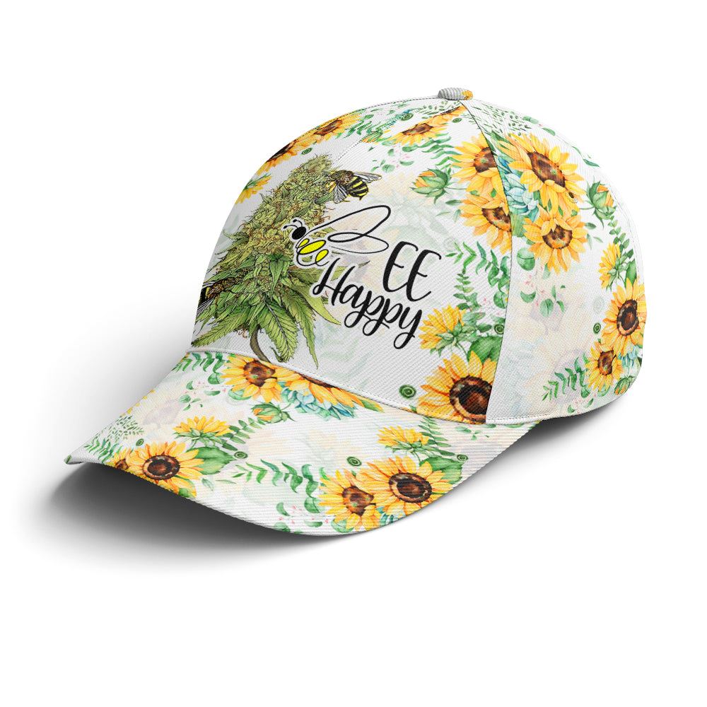 Bee happy Sunflower Pattern Baseball Cap, Christian Baseball Cap, Religious Cap, Jesus Gift, Jesus Hat