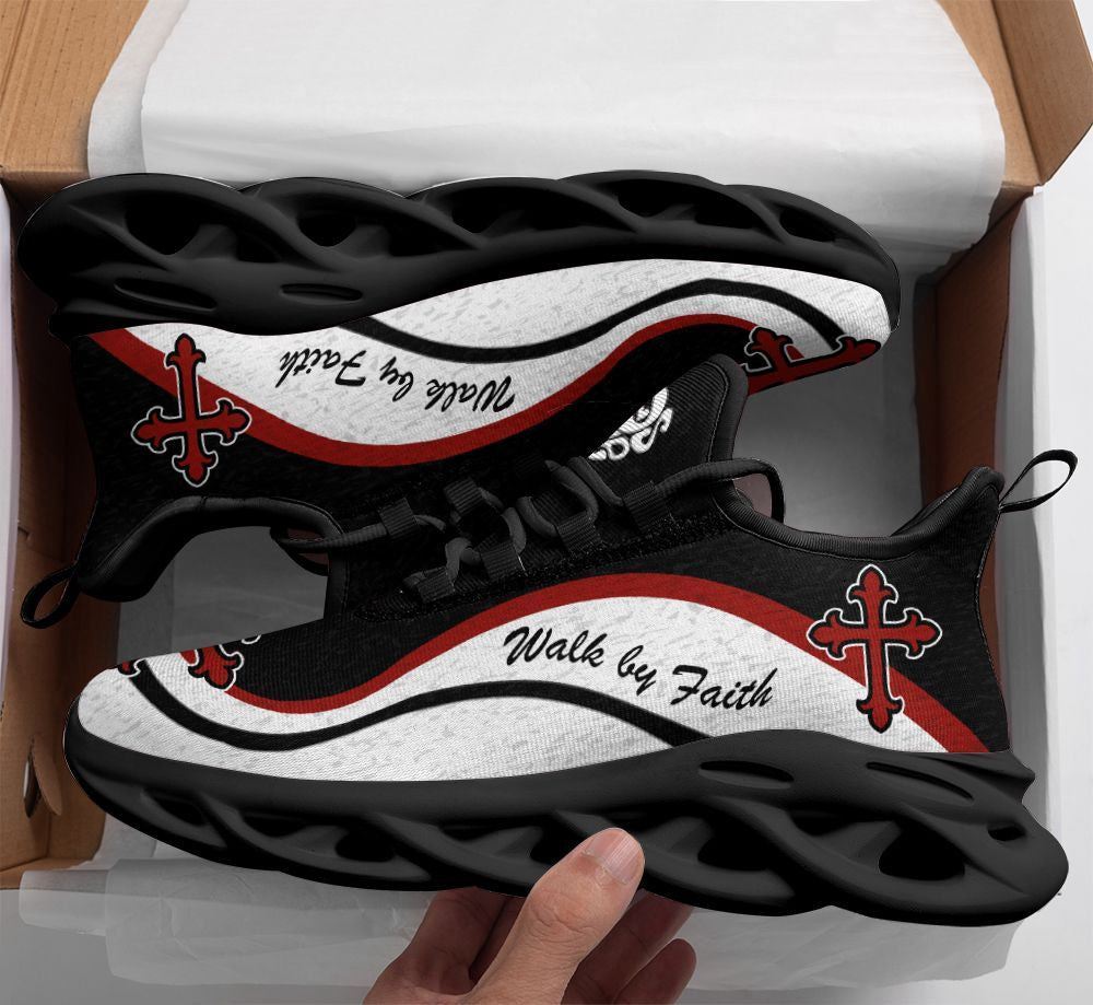 Christian Best Running Shoes, Jesus Walk By Faith Running Sneakers White And Black Max Soul Shoes For Men And Women, Jesus Fashion Shoes