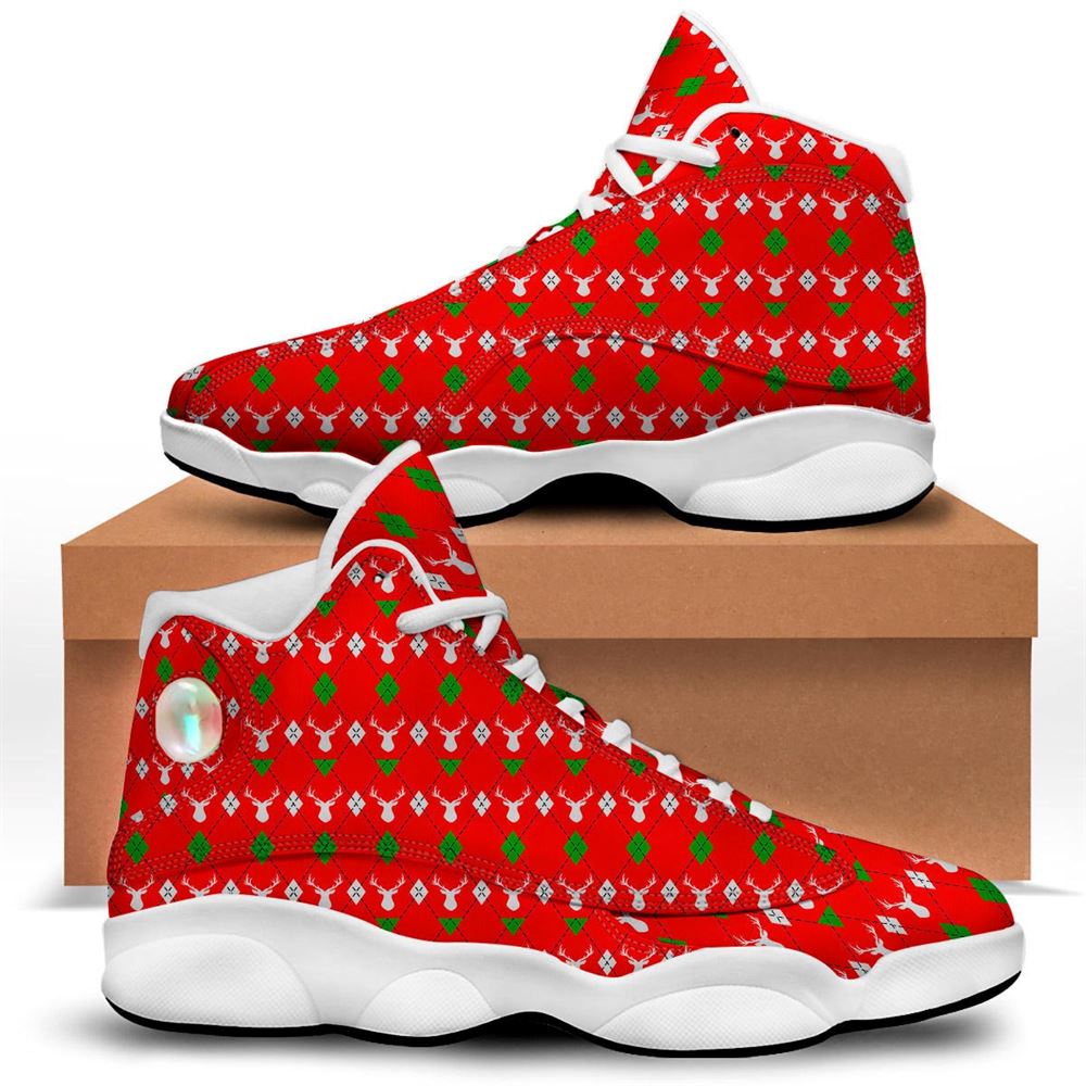 Christmas Basketball Shoes, Deer Argyle Christmas Print Pattern Jd13 Shoes For Men Women, Christmas Fashion Shoes