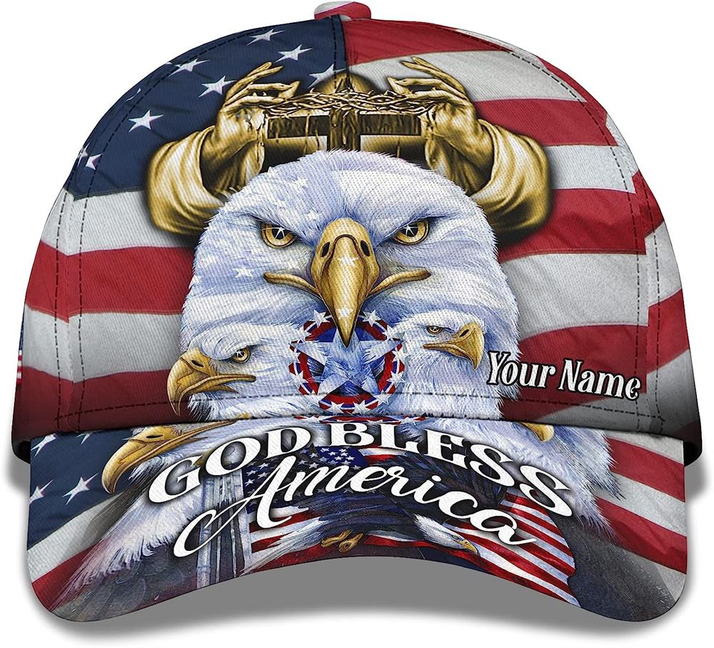 America Eagle Bird With Usa Flag God Bless America Custom Name Baseball Cap, Christian Baseball Cap, Religious Cap, Jesus Gift, Jesus Hat