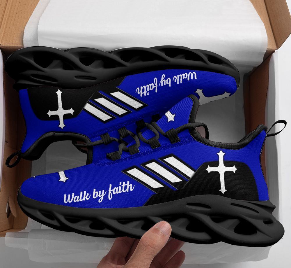 Christian Best Running Shoes, Jesus Walk By Faith Running Sneakers Blue Art Max Soul Shoes For Men And Women, Jesus Fashion Shoes