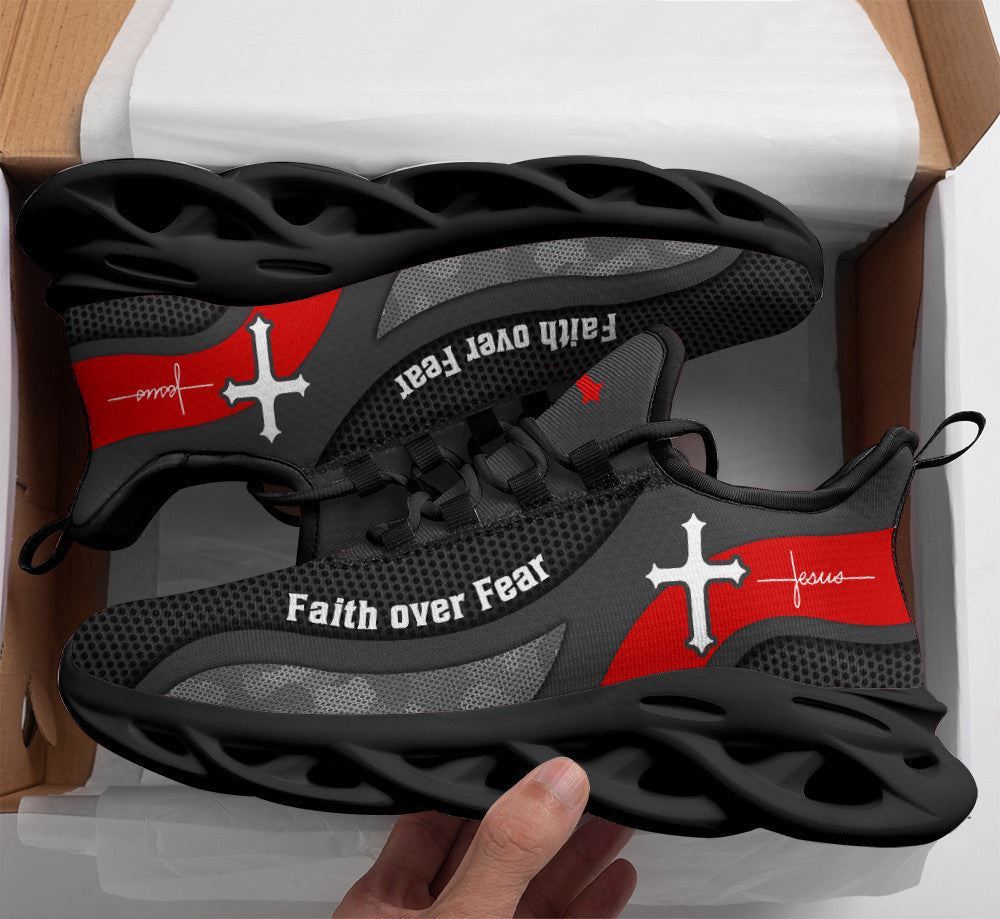 Christian Best Running Shoes, Jesus Faith Over Fear Running Sneakers Grey Max Soul Shoes For Men And Women, Jesus Fashion Shoes