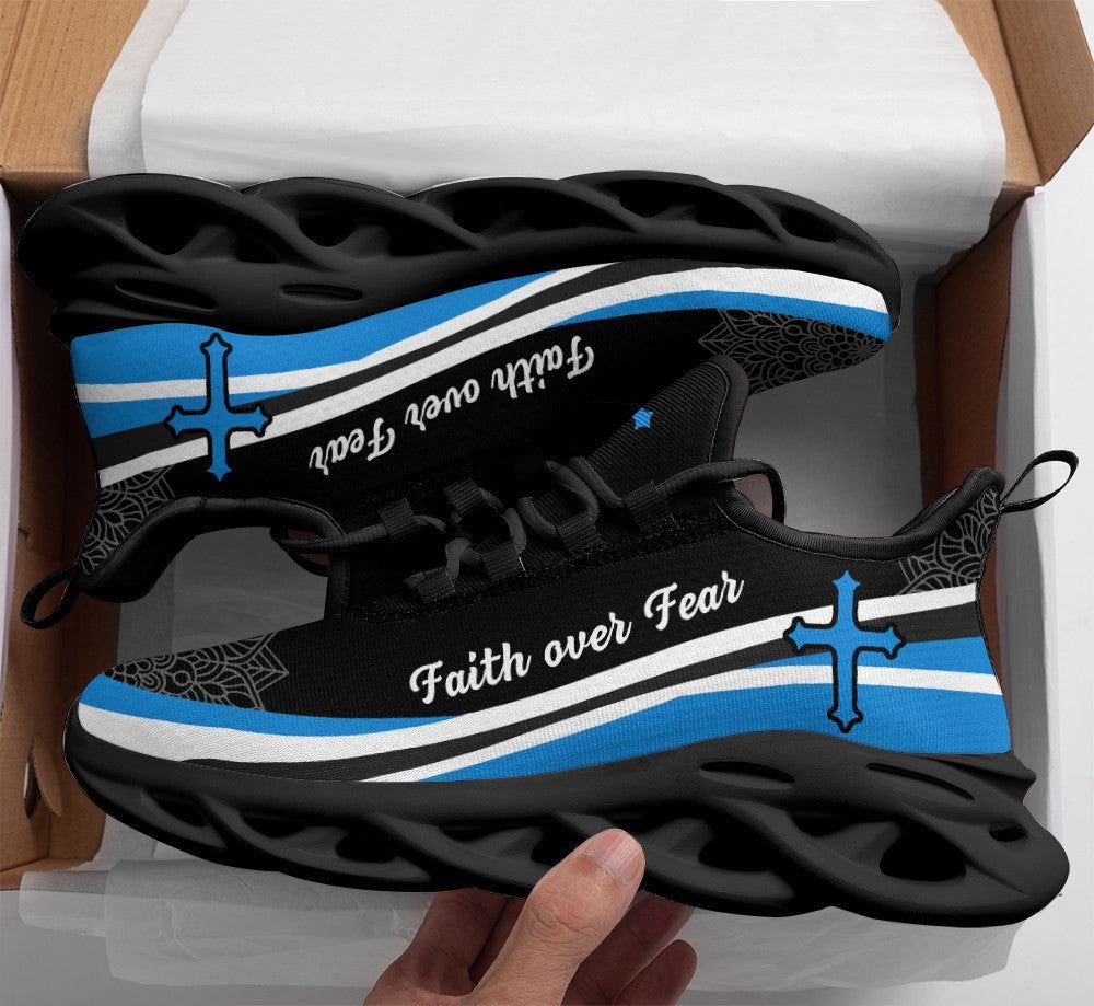 Christian Best Running Shoes, Jesus Faith Over Fear Running Sneakers Blue And White Max Soul Shoes For Men And Women, Jesus Fashion Shoes