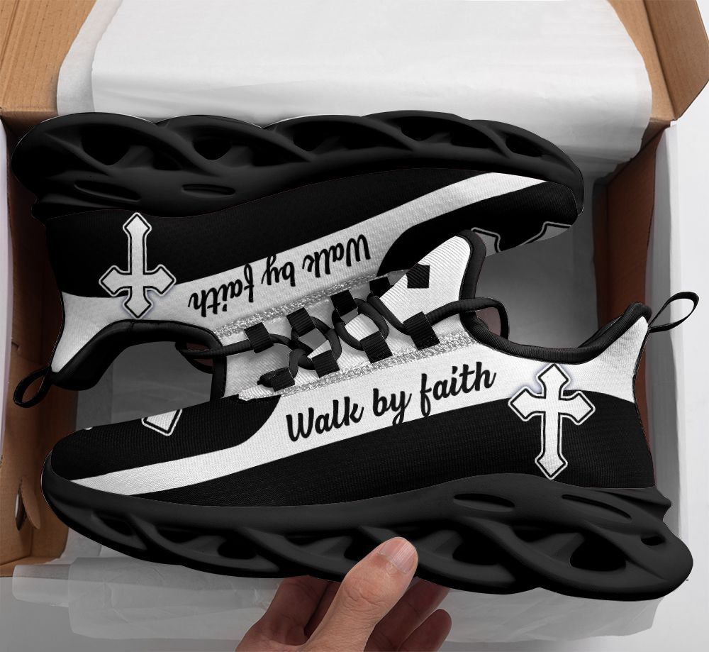 Christian Best Running Shoes, Jesus Walk By Faith Running Sneakers Black White Art Max Soul Shoes For Men And Women, Jesus Fashion Shoes