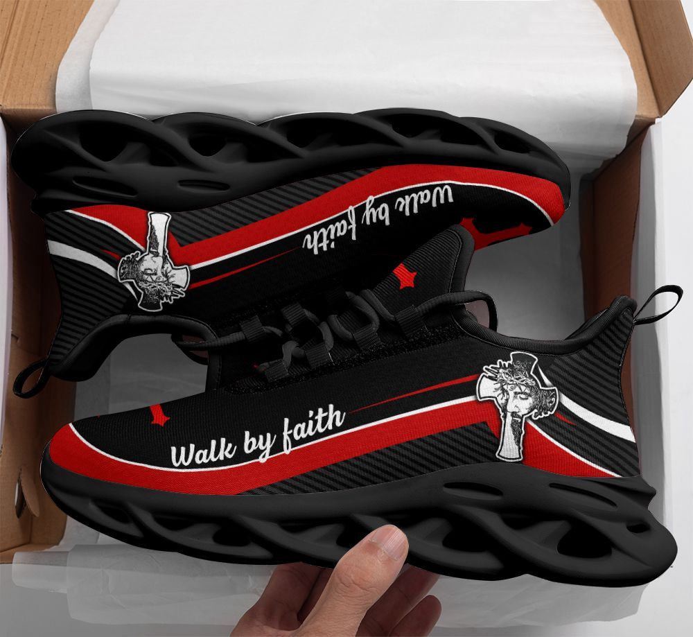 Christian Best Running Shoes, Jesus Walk By Faith Running Sneakers Red Art Max Soul Shoes For Men And Women, Jesus Fashion Shoes