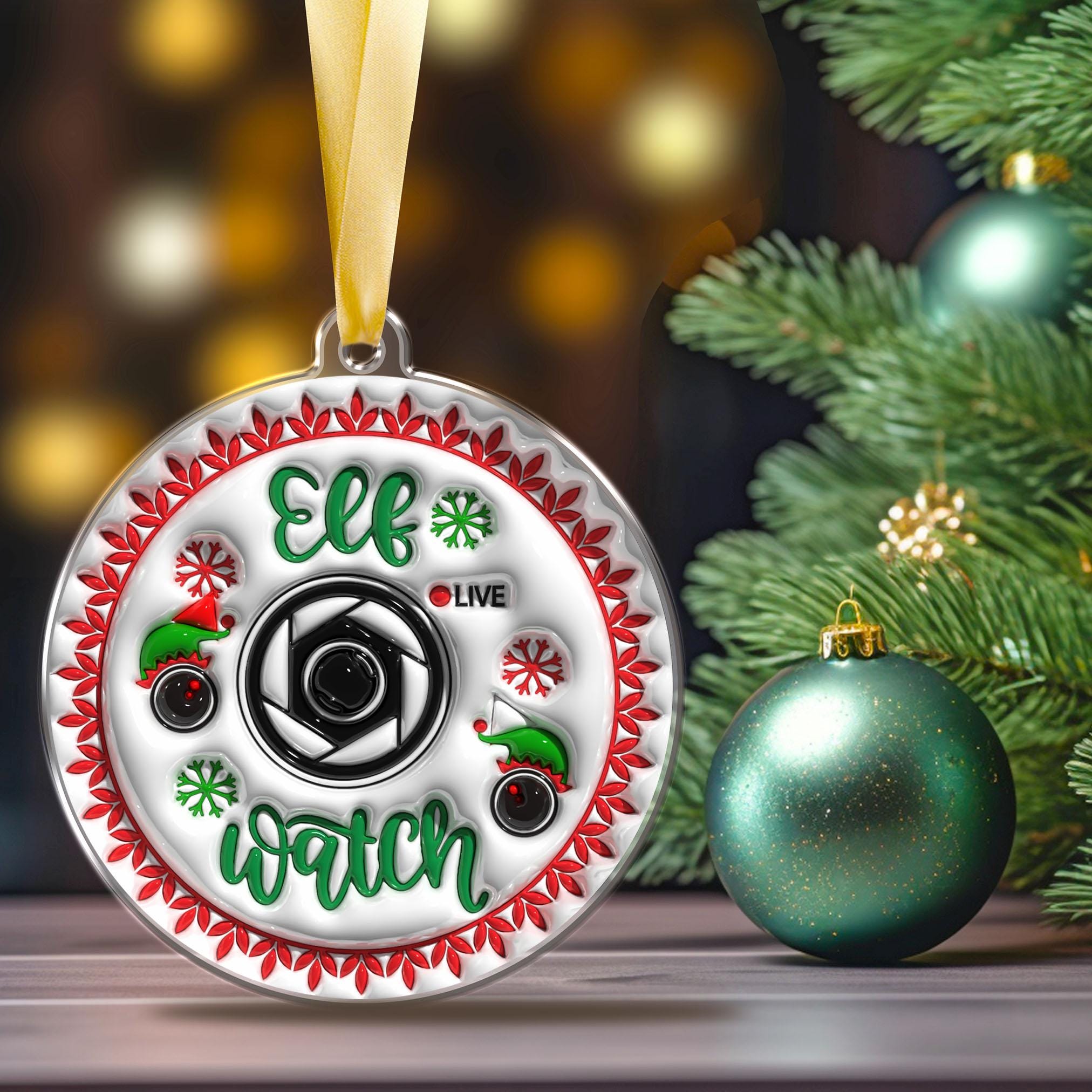 143d Inflated ELF Watch Christmas Ornament, Elf Surveillance Ornament Sublimation PNG, 3D Christmas Cam Round Ornam