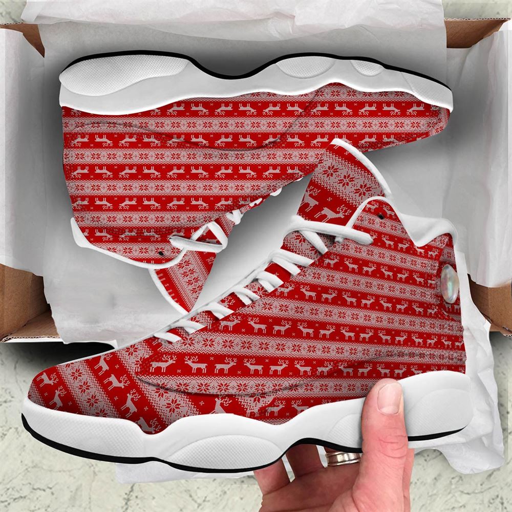 Christmas Basketball Shoes, Deer Knitted Christmas Print Pattern Jd13 Shoes For Men Women, Christmas Fashion Shoes