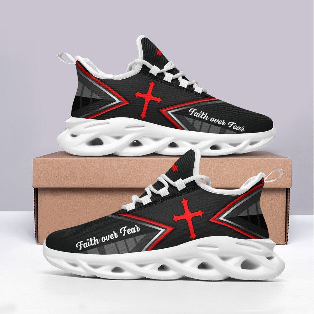 Christian Best Running Shoes, Jesus Faith Over Black Red Fear Running Sneakers Max Soul Shoes For Men And Women, Jesus Fashion Shoes