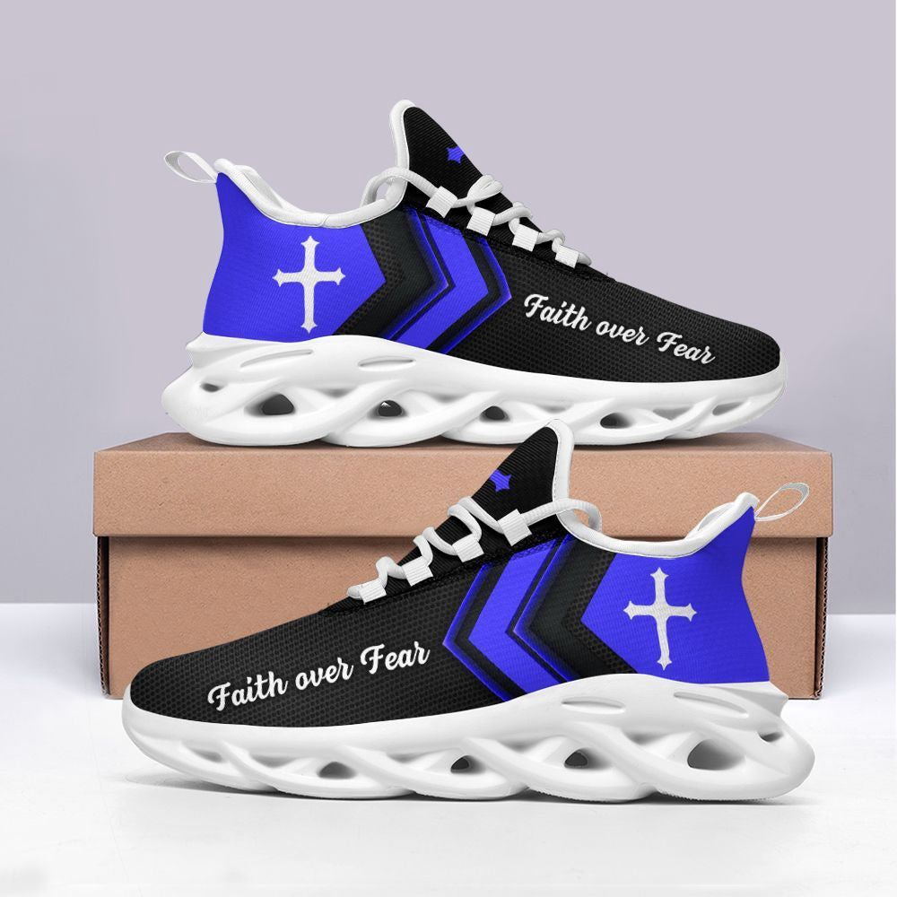 Christian Best Running Shoes, Jesus Faith Over Fear Running Sneakers Blue Black Max Soul Shoes For Men And Women, Jesus Fashion Shoes