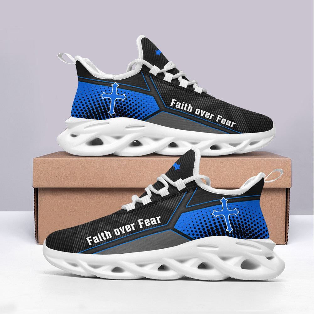 Christian Best Running Shoes, Jesus Faith Over Fear Blue Black Running Sneakers Max Soul Shoes For Men And Women, Jesus Fashion Shoes