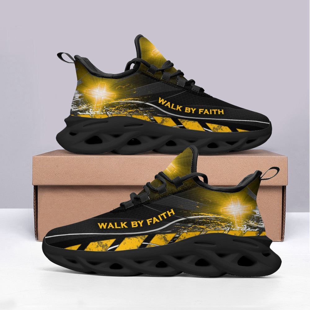 Christian Best Running Shoes, Jesus Walk By Faith Running Sneakers Yellow Max Soul Shoes For Men And Women, Jesus Fashion Shoes