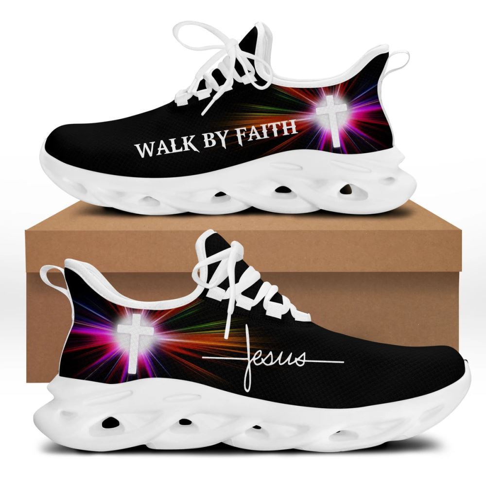 Christian Best Running Shoes, Jesus Walk By Faith Running Sneakers White Black Art Max Soul Shoes For Men And Women, Jesus Fashion Shoes