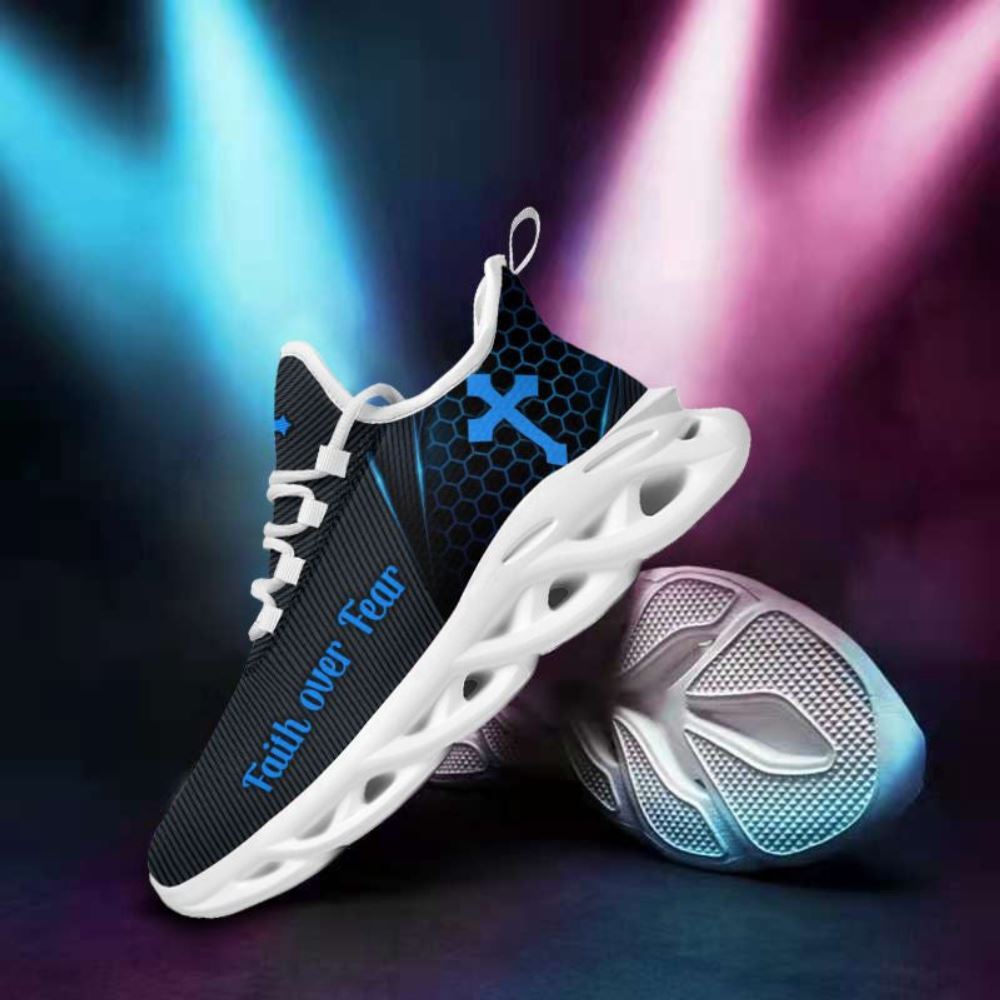 Christian Best Running Shoes, Jesus Faith Over Fear Running Sneakers Black And Blue Max Soul Shoes For Men And Women, Jesus Fashion Shoes