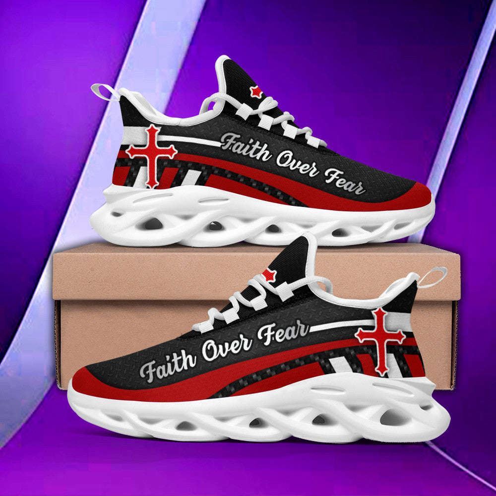 Christian Best Running Shoes, Red Black Jesus Faith Over Fear Running Sneakers Max Soul Shoes For Men And Women, Jesus Fashion Shoes