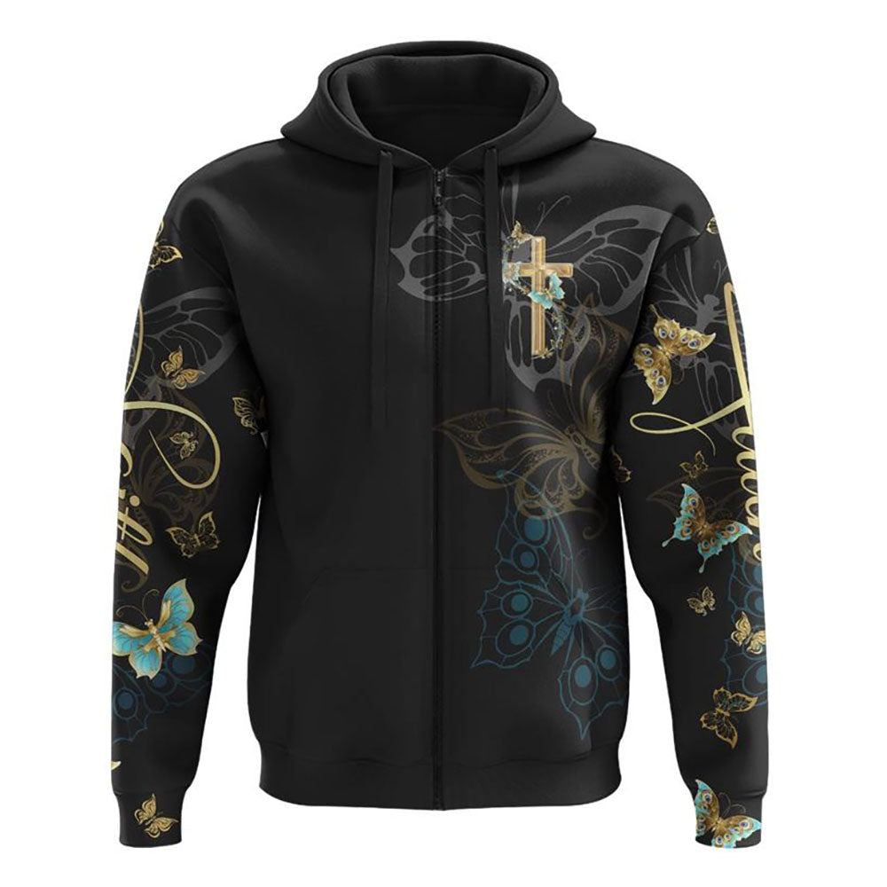 Faith Gold Cross Butterfly All Over Print 3D Hoodie, Christian Hoodie, Christian Sweatshirt, Bible Verse Shirt