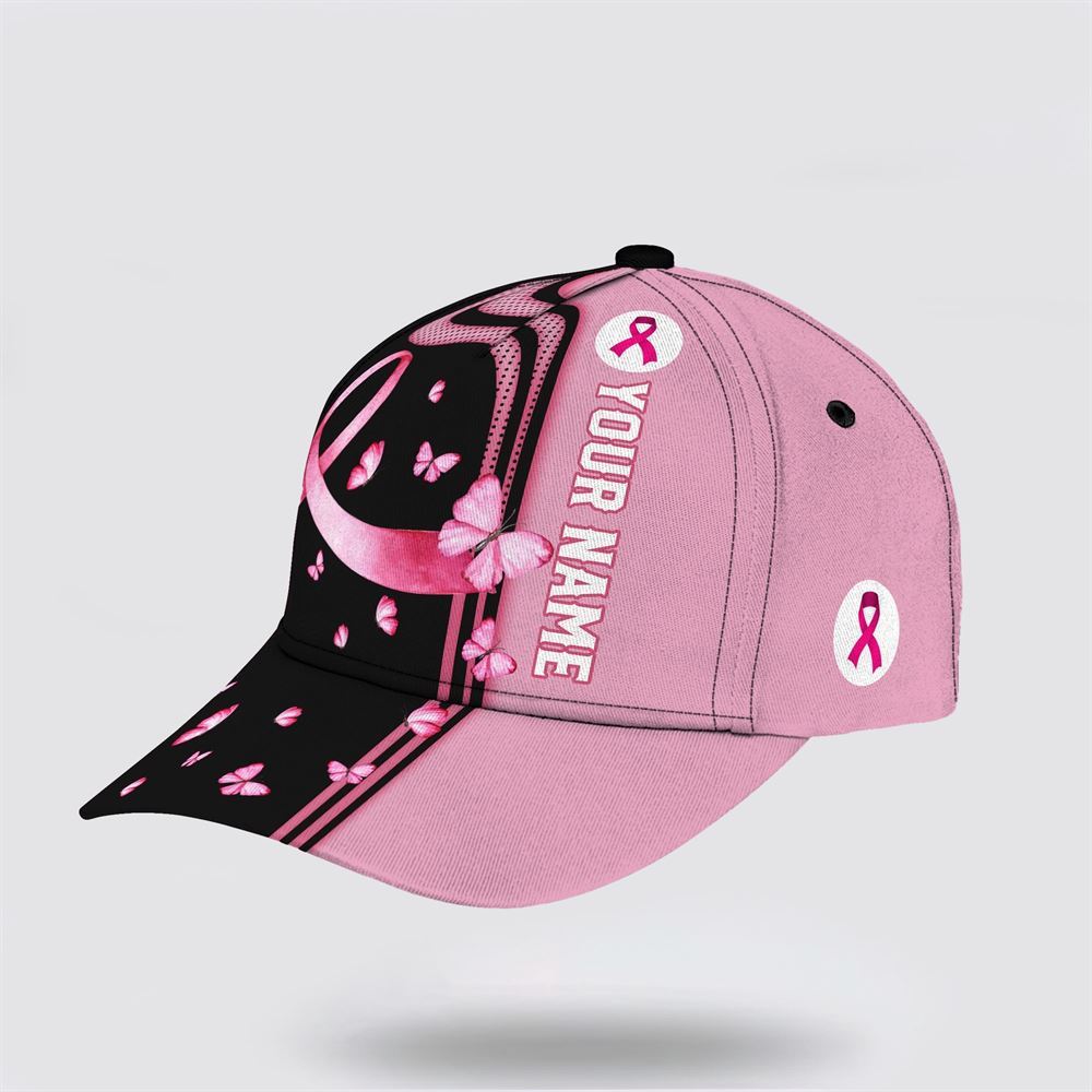 Customized Breast Cancer Awareness Butterfly Art Black And Pink Print Baseball Cap, Gifts For Breast Cancer Patients, Breast Cancer Hat