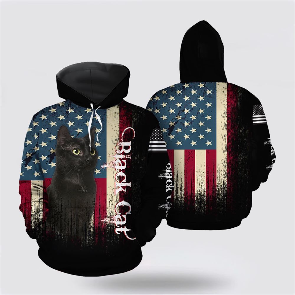 American Black Cat All Over Print 3D Hoodie For Men And Women, Christmas Cat Hoodie, Christmas Hoodie Cute, Christmas Fashion