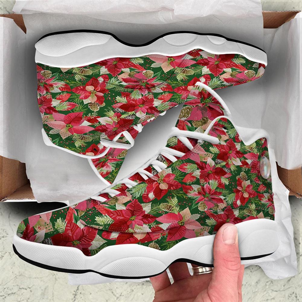 Christmas Basketball Shoes, Poinsettia Christmas Vintage Print Pattern Jd13 Shoes For Men Women, Christmas Fashion Shoes