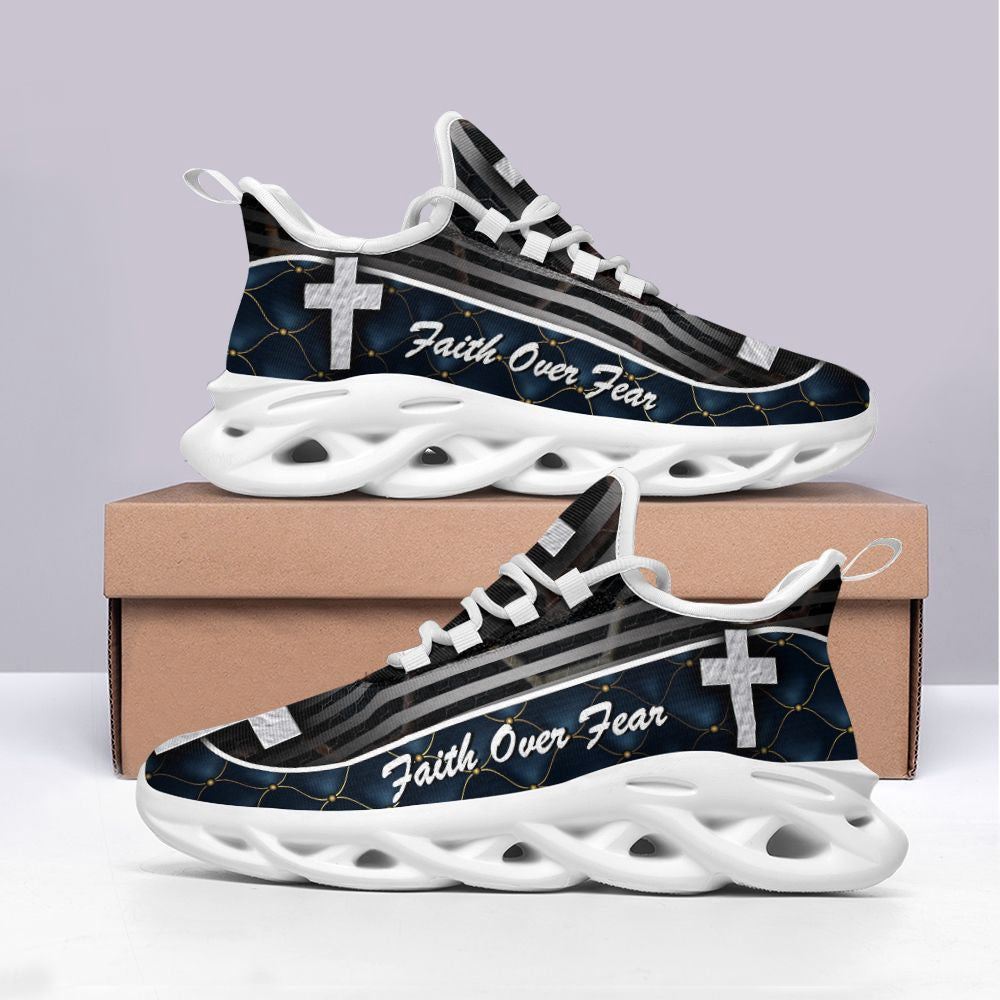 Christian Best Running Shoes, Jesus Black Faith Over Fear Running Sneakers Max Soul Shoes For Men And Women, Jesus Fashion Shoes