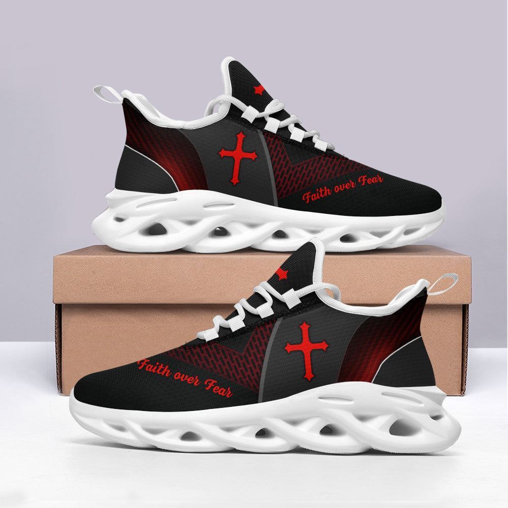 Christian Best Running Shoes, Jesus Faith Over Fear Running Sneakers Black Max Soul Shoes For Men And Women, Jesus Fashion Shoes