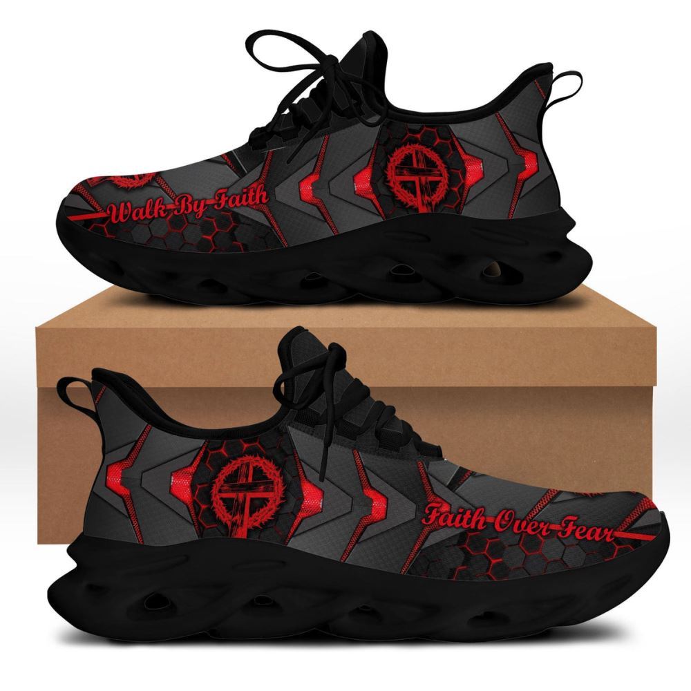 Christian Best Running Shoes, Jesus Red And Black Faith Over Fear Running Sneakers Max Soul Shoes For Men And Women, Jesus Fashion Shoes