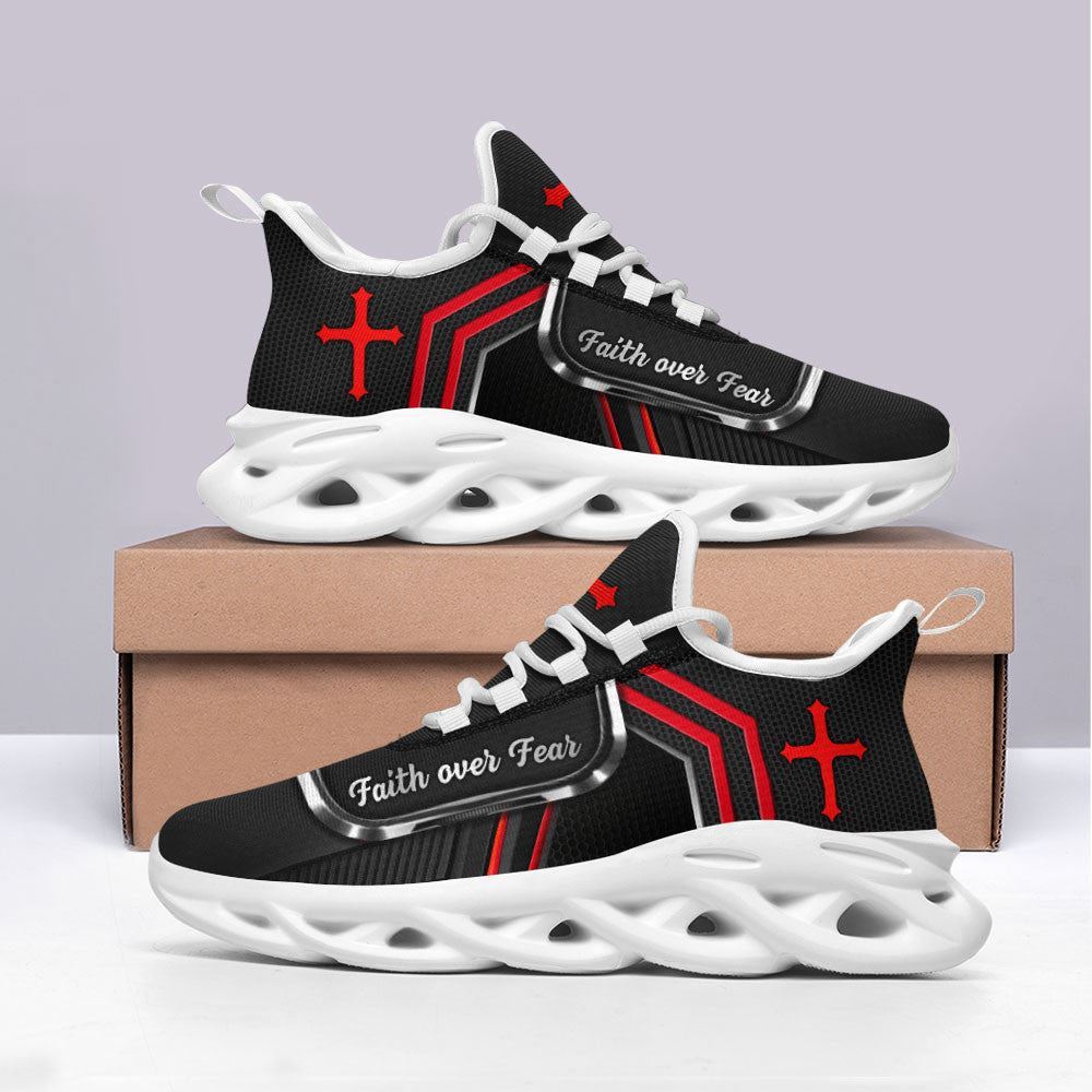 Christian Best Running Shoes, Jesus Faith Over Fear Running Sneakers White And Black Max Soul Shoes For Men And Women, Jesus Fashion Shoes