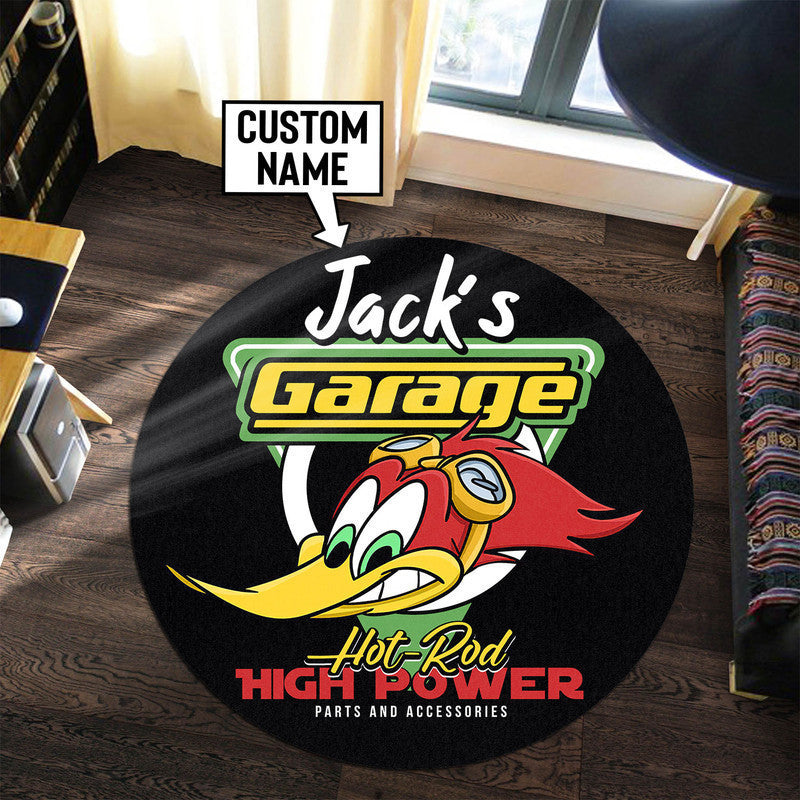 Personalized Hot Rod Garage Woodpecker Round Mat Round Floor Mat Room Rugs Carpet Outdoor Rug Washable Rugs