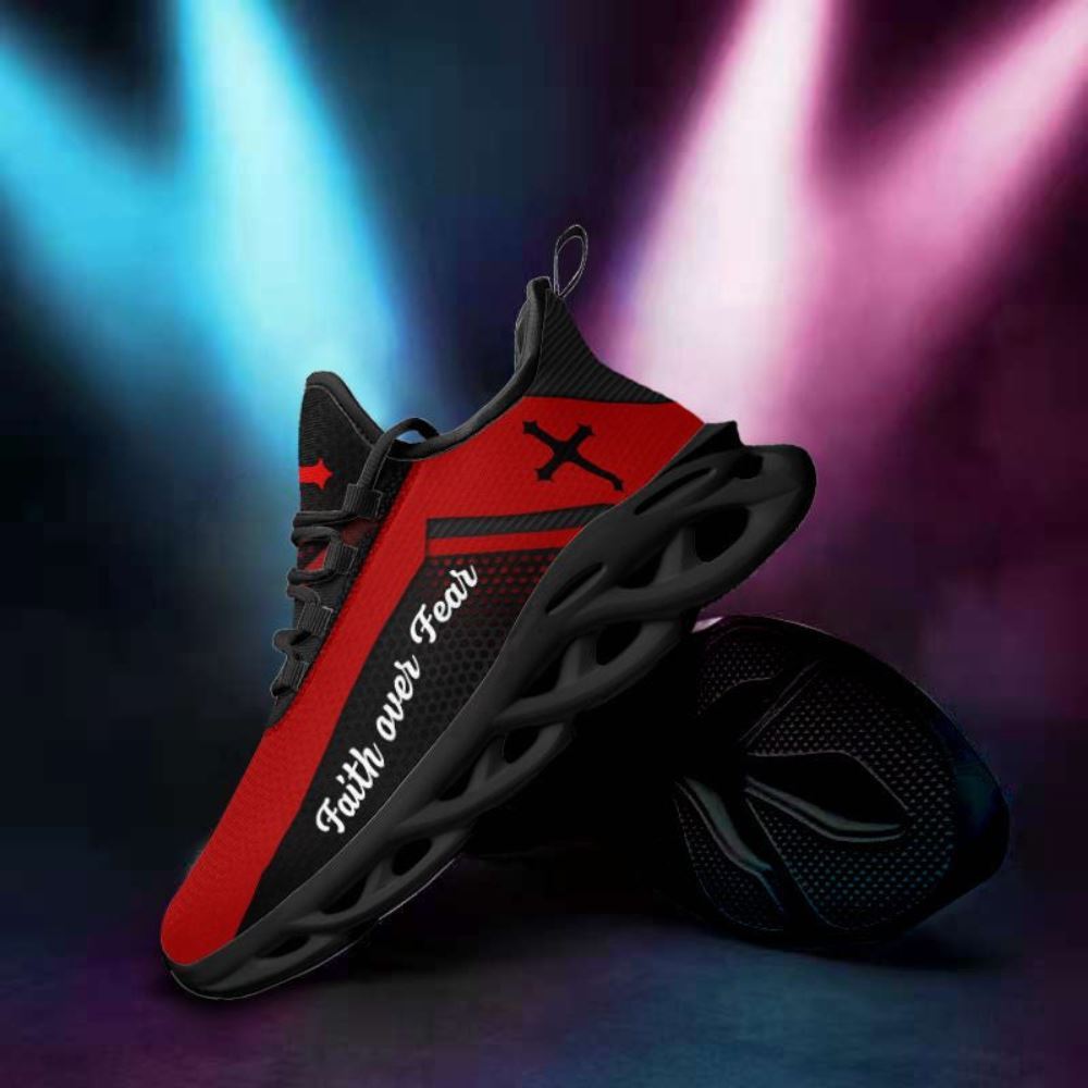 Christian Best Running Shoes, Jesus Faith Over Fear Red Running Sneakers Max Soul Shoes For Men And Women, Jesus Fashion Shoes