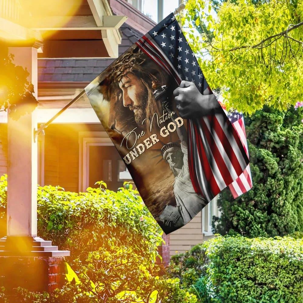 One Nation Under God Jesus Lion American House Flags, Christian Flag, Scripture Flag, Garden Banner