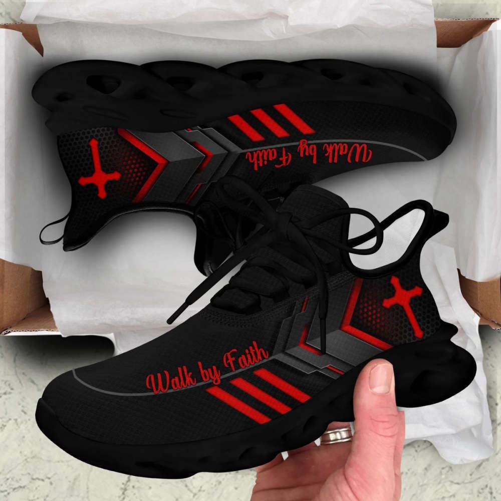 Christian Best Running Shoes, Jesus Walk By Faith Running Sneakers Red Black Art Max Soul Shoes For Men And Women, Jesus Fashion Shoes