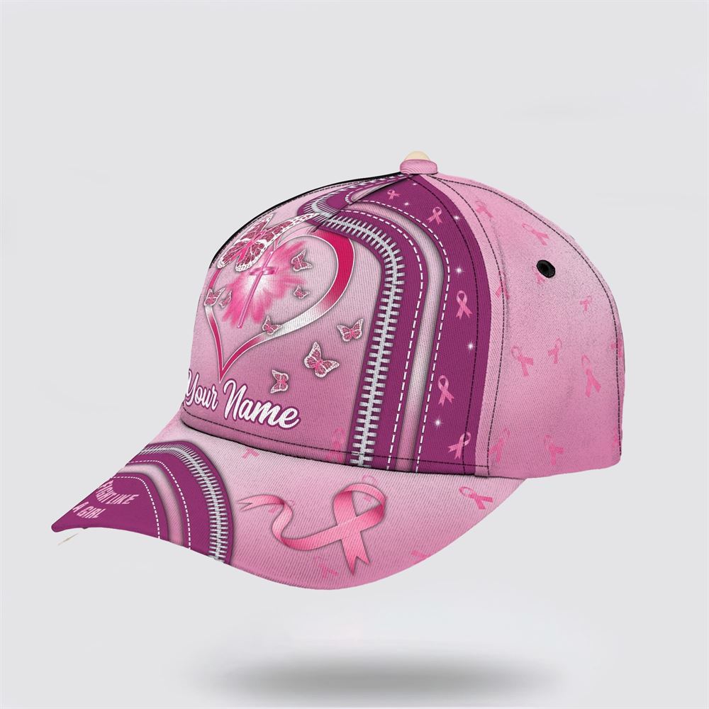 Customized Breast Cancer Awareness Fight Like A Girl Cross And Butterfly Print Baseball Cap, Gifts For Breast Cancer Patients, Breast Cancer Hat