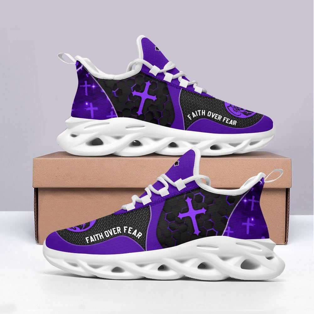 Christian Best Running Shoes, Jesus Faith Over Fear Running Sneakers Purple Max Soul Shoes For Men And Women, Jesus Fashion Shoes