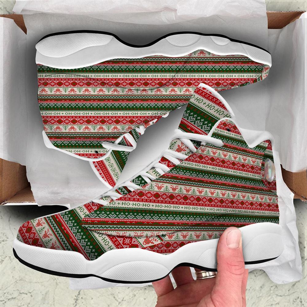 Christmas Basketball Shoes, Knitted Christmas Tree Print Pattern Jd13 Shoes For Men Women, Christmas Fashion Shoes