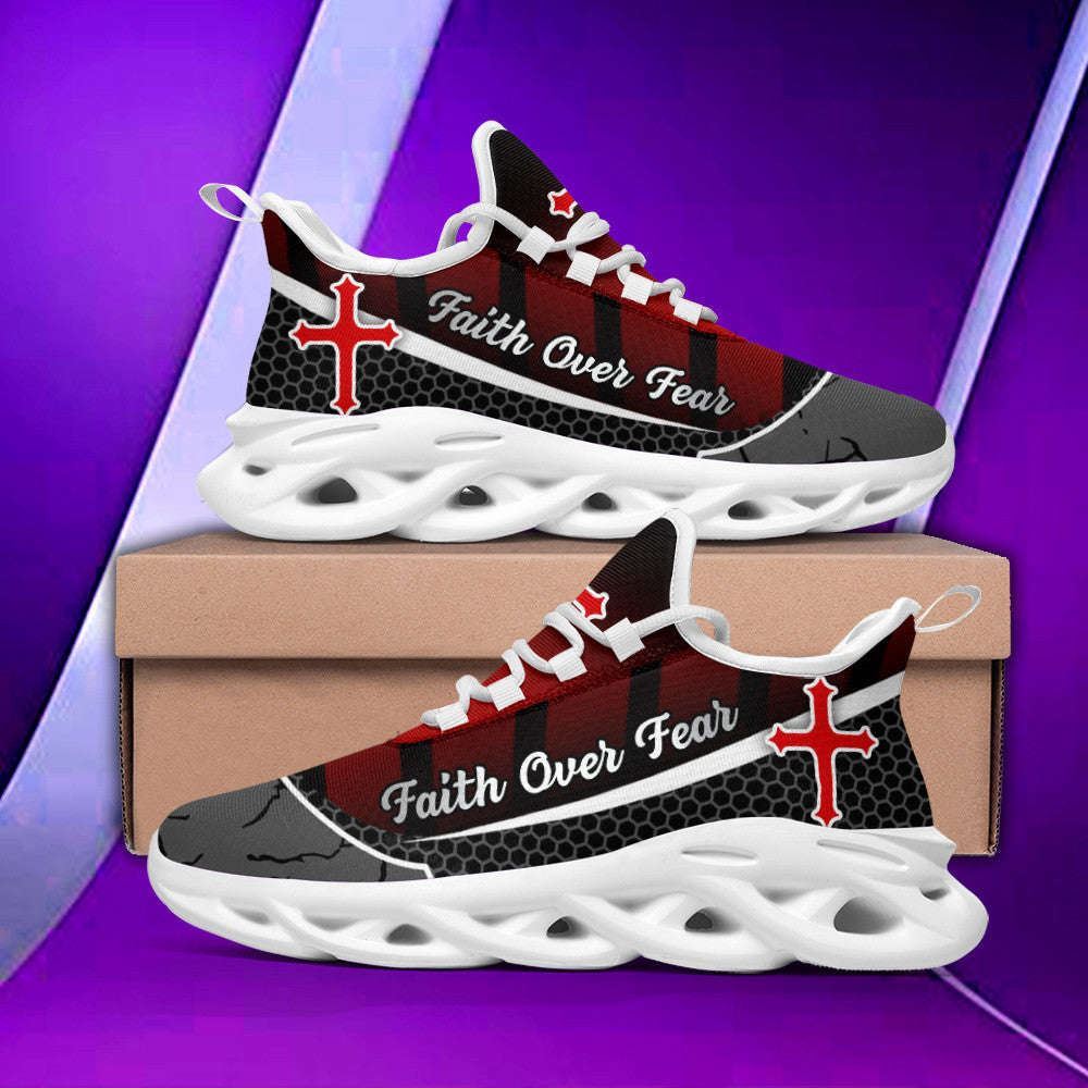 Christian Best Running Shoes, Jesus Faith Over Fear Red Black Running Sneakers Max Soul Shoes For Men And Women, Jesus Fashion Shoes