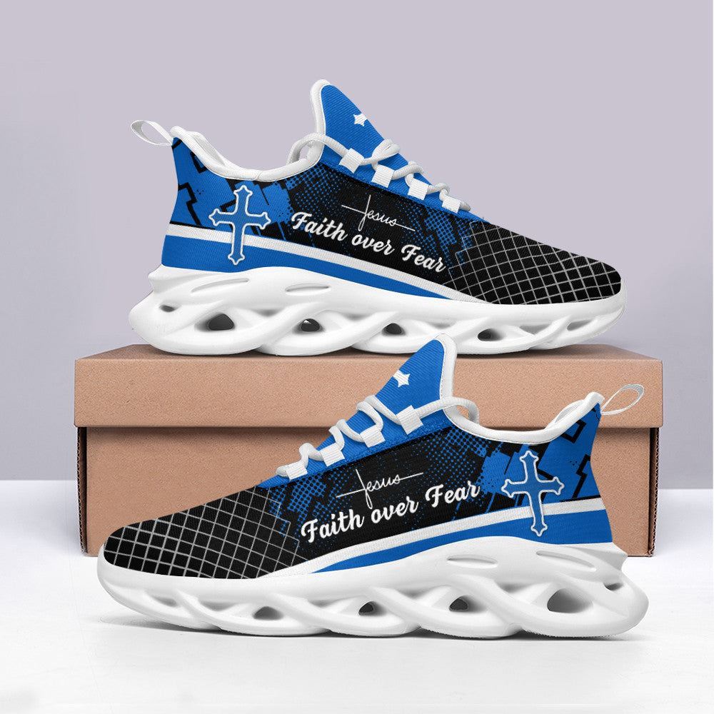 Christian Best Running Shoes, Jesus Blue Faith Over Fear Running Sneakers Max Soul Shoes For Men And Women, Jesus Fashion Shoes