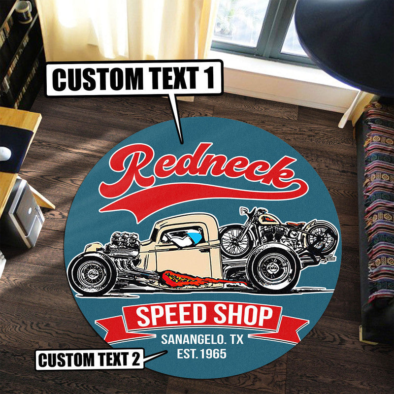 Personalized Speed Shop Round Mat