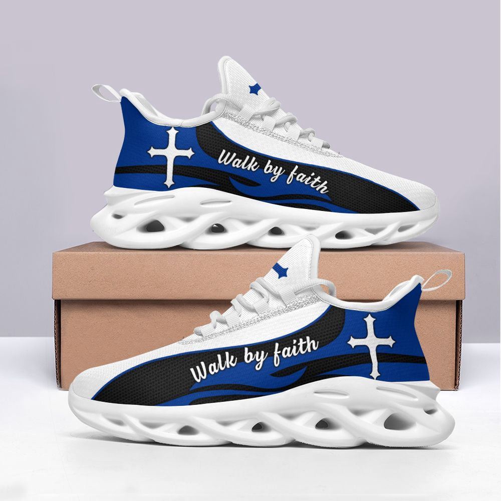 Christian Best Running Shoes, Blue Jesus Walk By Faith Running Christ Sneakers Max Soul Shoes For Men And Women, Jesus Fashion Shoes