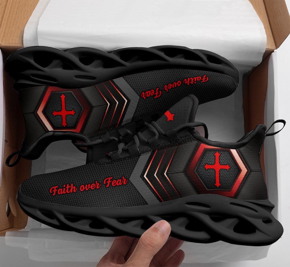 Christian Best Running Shoes, Jesus Faith Over Fear Running Sneakers Red Black Max Soul Shoes For Men And Women, Jesus Fashion Shoes