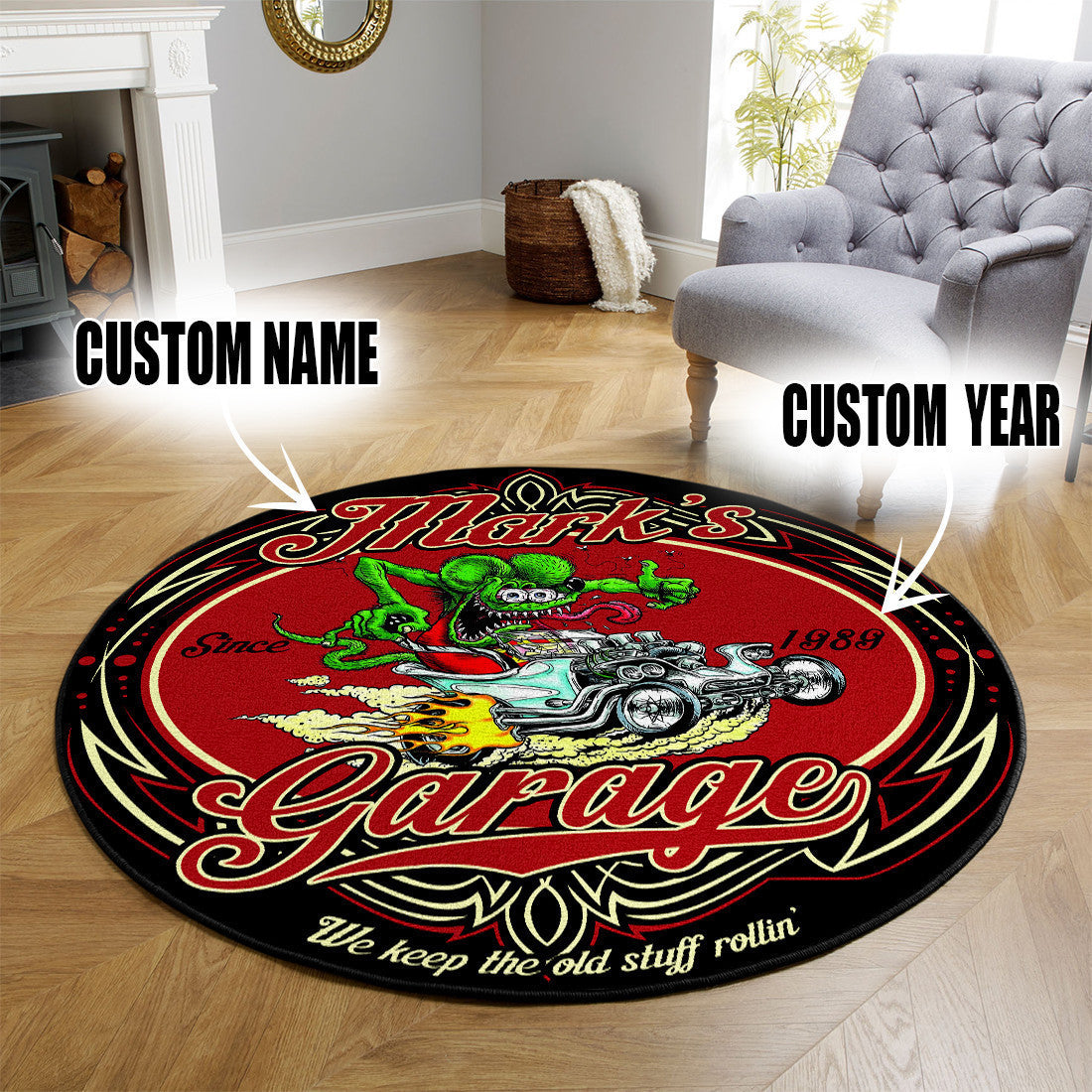 Personalized Hot Rod Garage We Keep The Old Stuff Rolling Round Mat Round Floor Mat Room Rugs Carpet Outdoor Rug Washable Rugs